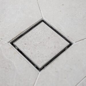 Square Bermuda Tile Insert Floor Waste – 100mm, Chrome Edge, 80mm Outlet