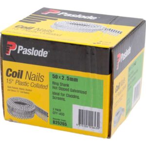 Paslode Hot Dip Galvanised Plastic Collated Coil Nail – 50 x 2.5mm (15 Deg, 400 Pack)