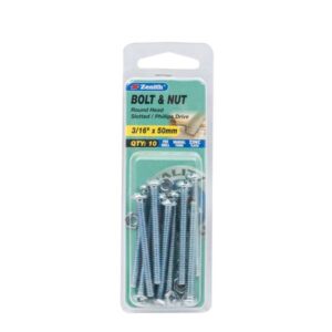 Zenith 3/16 inch x 50mm Zinc Plated Round Head Bolt & Nut 10 Pack