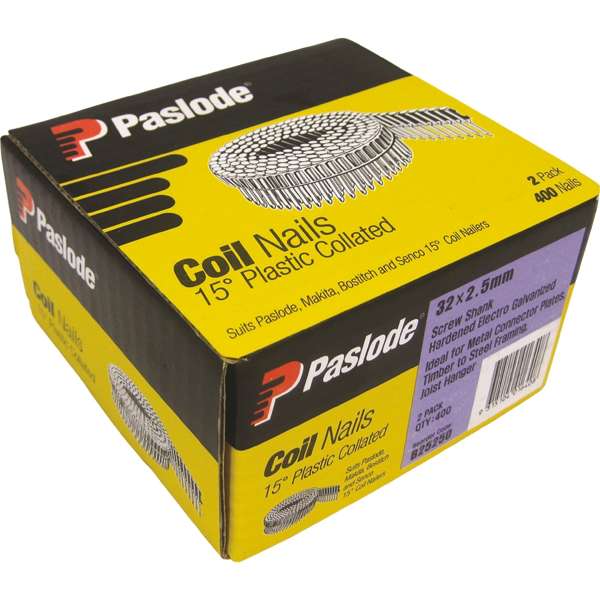 Paslode 15 Degree Electro Galvanised Hardened Plastic Collated Coil Nail – 32 x 2.5mm (Twin Pack)