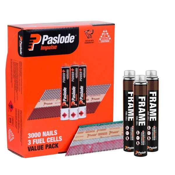 Paslode Impulse Hot Dipped Galvanised Nails – 75 x 3.06mm (3000 Pack) + 3 Fuel Cells