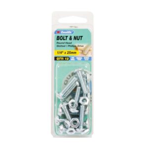 Zenith 1/4 inch x 25mm ZP Round Head Bolt & Nut 12 Pack