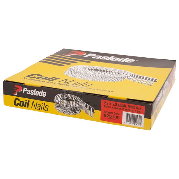 Paslode Plastic Collated Coil Ring Dome – 52 x 2.5mm (15Deg, Stainless Steel, 1800 Pack)