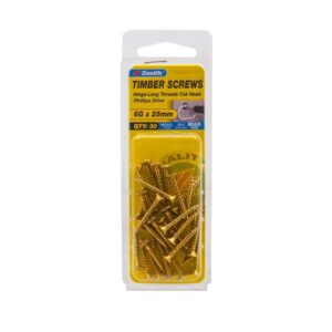 Zenith 6G x 25mm Brass Plated Hinge-Long Threads Countersunk Head Timber Screws 30 Pack