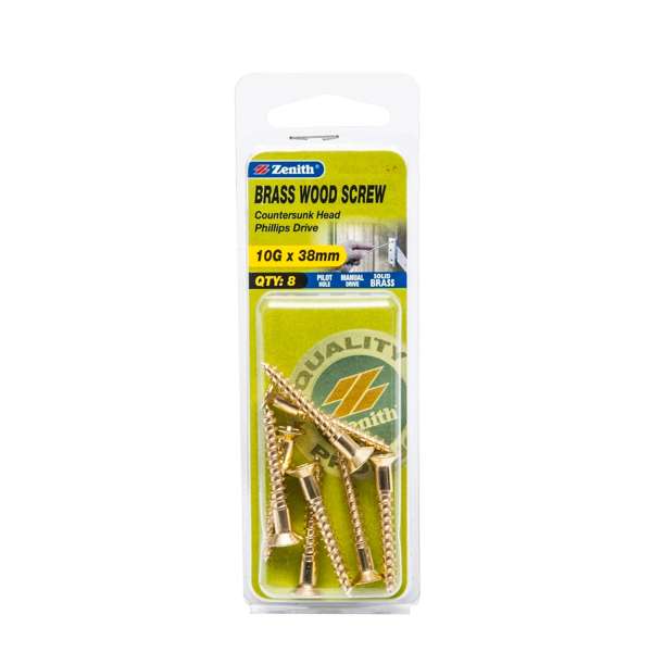 Zenith 10g x 40mm Solid Brass Countersunk Head Wood Screws 8 Pack