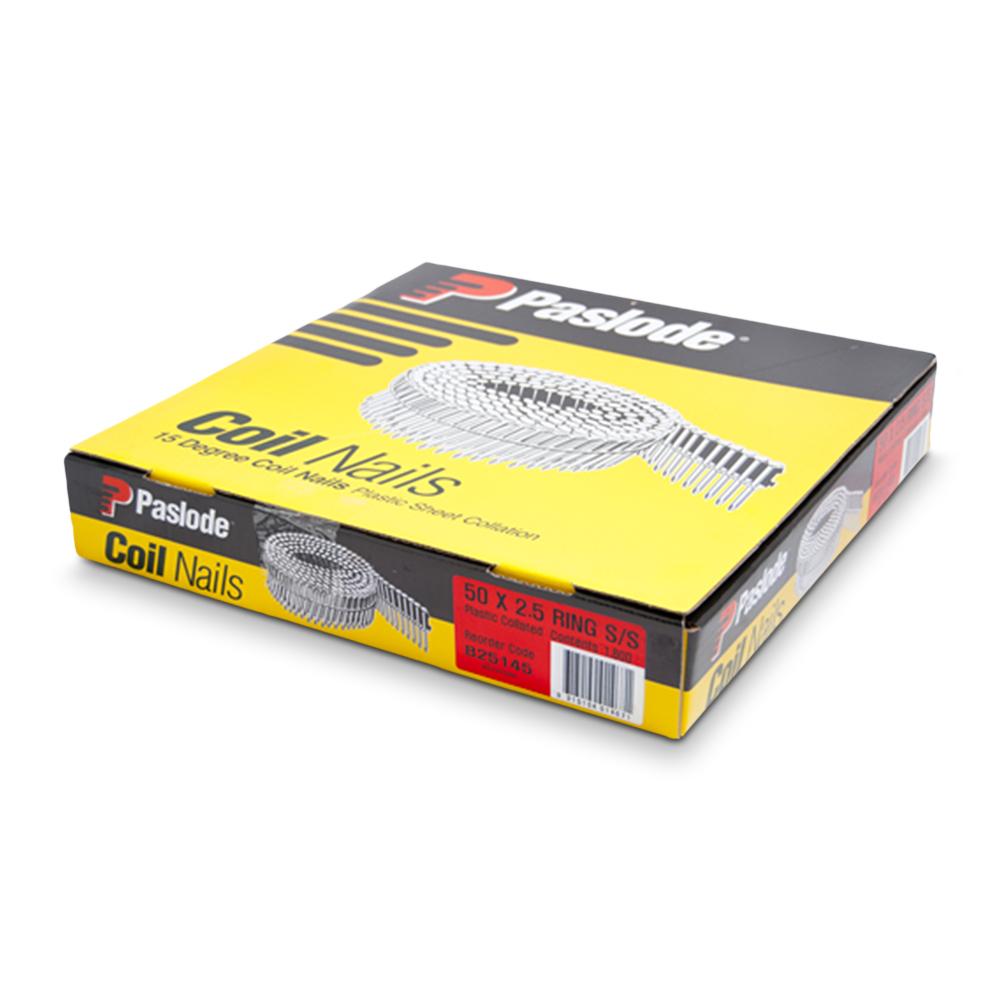 Paslode Plastic Collated Coil Ring – 50 x 2.5mm (15Deg, Stainless Steel, 1800 Pack)