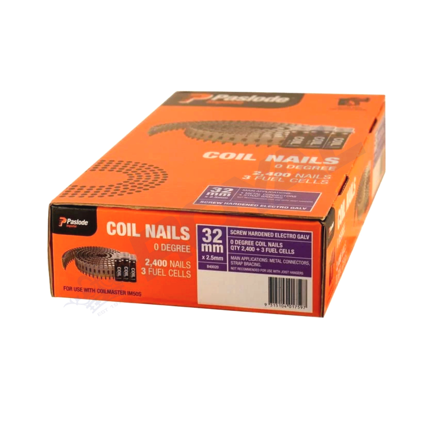 Paslode 32 x 2.5mm SHEG Coil Nails 2400 Pack with 3 Fuel Cells