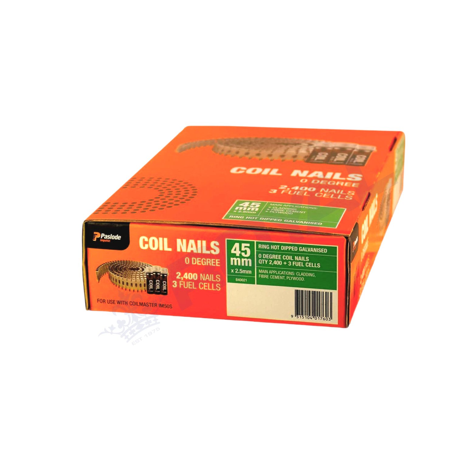 Paslode 45 x 2.5mm HDG Ring Shank Coil Nails 2400 Pack with 3 Fuel Cells