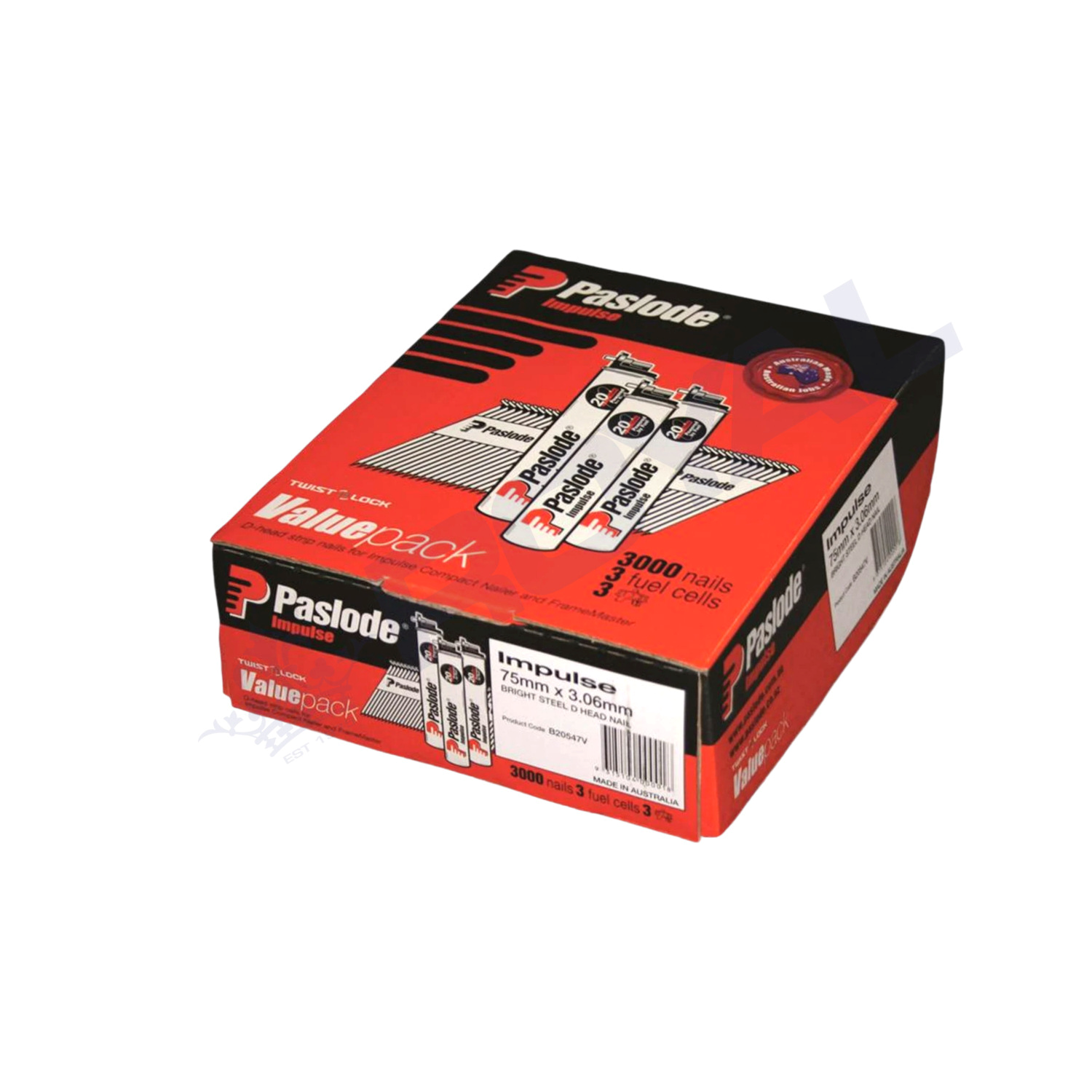 Paslode 75 x 3.06mm Bright D Head Impulse Nail 3000 Pack + 3 Fuel Cells