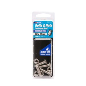 Zenith M6 x 25mm 316 Stainless Steel Countersunk Head Bolt & Nut 4 Pack
