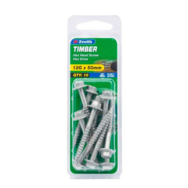 Zenith 12G x 50mm Galv Hex Head Timber Screws 10 Pack