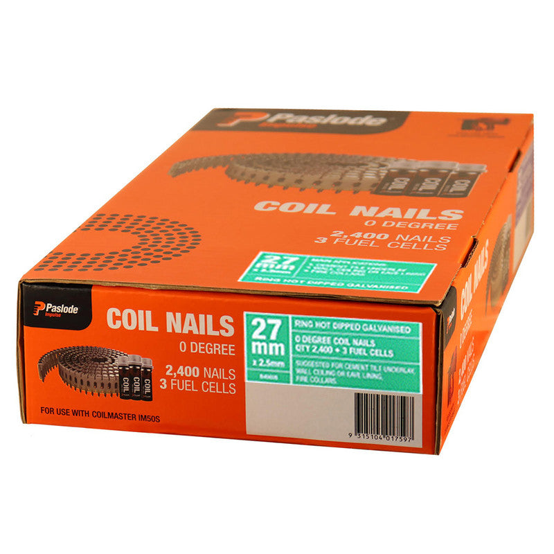 Paslode Plastic Collated Ring Nails – 27 x 2.5mm (15Deg, Electro Galvanised, 3600 Pack)