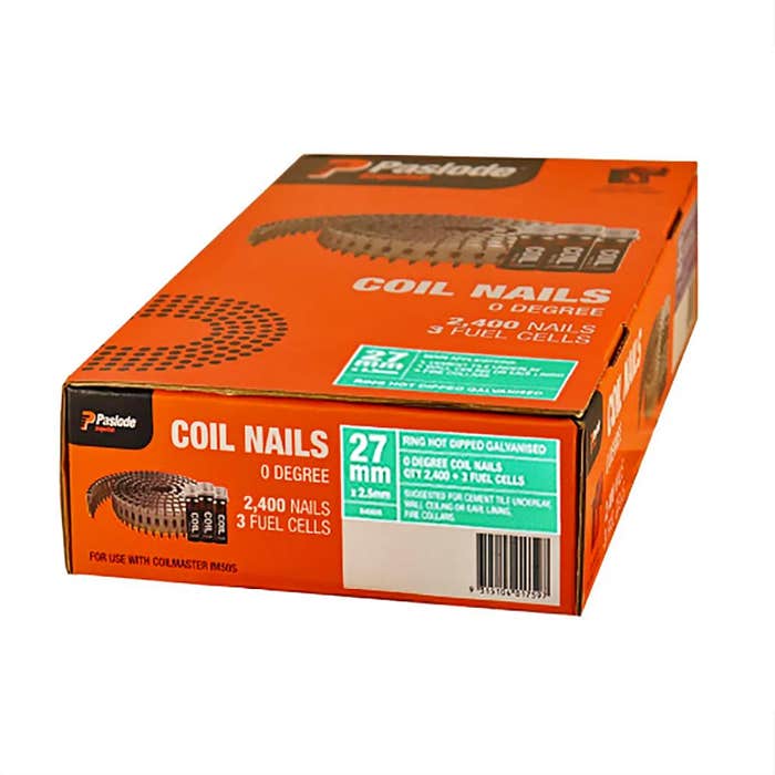Paslode Coilmaster Cement Tile Underlay Ring HDG Nails – 27 x 2.5mm (2400 + 3 Fuel Cells)