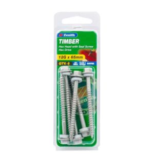 Zenith 12G x 65mm Galv Hex Head With Seal Timber Screws 6 Pack