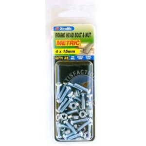 Zenith 4 x 15mm ZP Round Head Bolt & Nut - 25 Pack