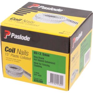 Paslode Plastic Collated Coil Ring Shank Nail 15 Degree Hot Dip Galvanised – 45 x 2.5mm (400 Pack)